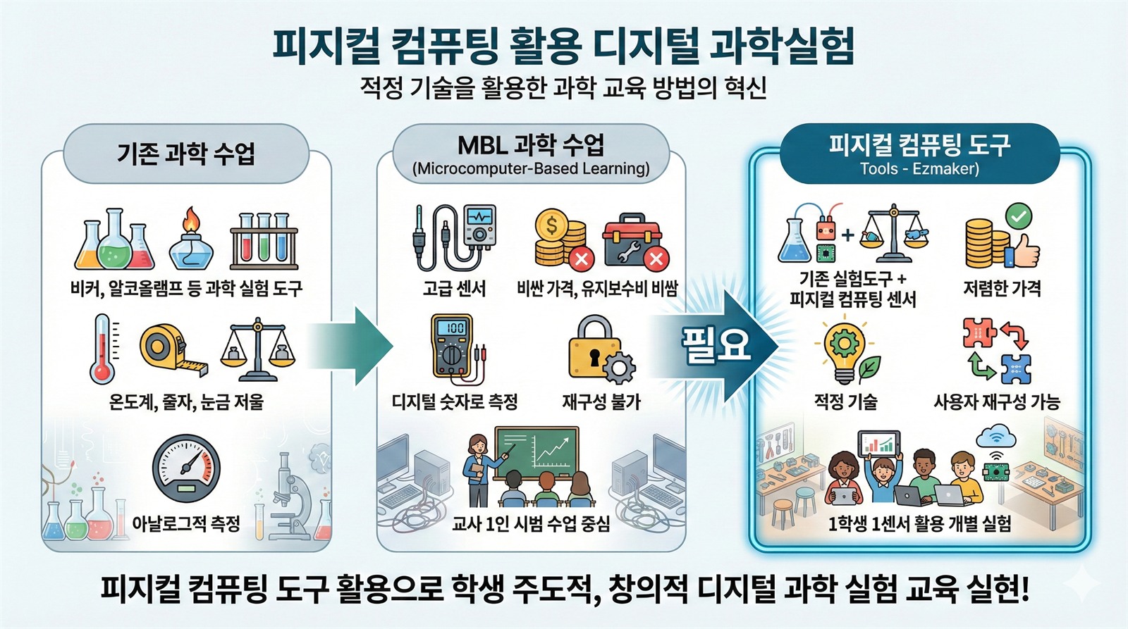 기존 과학 수업에서 MBL 과학 수업을 거쳐 피지컬 컴퓨팅 도구로 이어지는 3단 비교. 기존 수업은 비커·온도계 등 아날로그적 측정, MBL은 고급 센서를 쓰지만 비싸고 재구성이 불가하며 교사 1인 시범 중심. 피지컬 컴퓨팅 도구는 기존 실험도구에 센서를 더해 저렴하고 재구성이 가능하며 1학생 1센서 개별 실험이 가능하다.